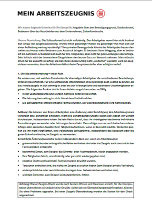 Zeugnisgutachten Seite 5 - schwarzer Text auf weißer Seite, oben links Logo von "Mein-Arbeitszeugnis.com"